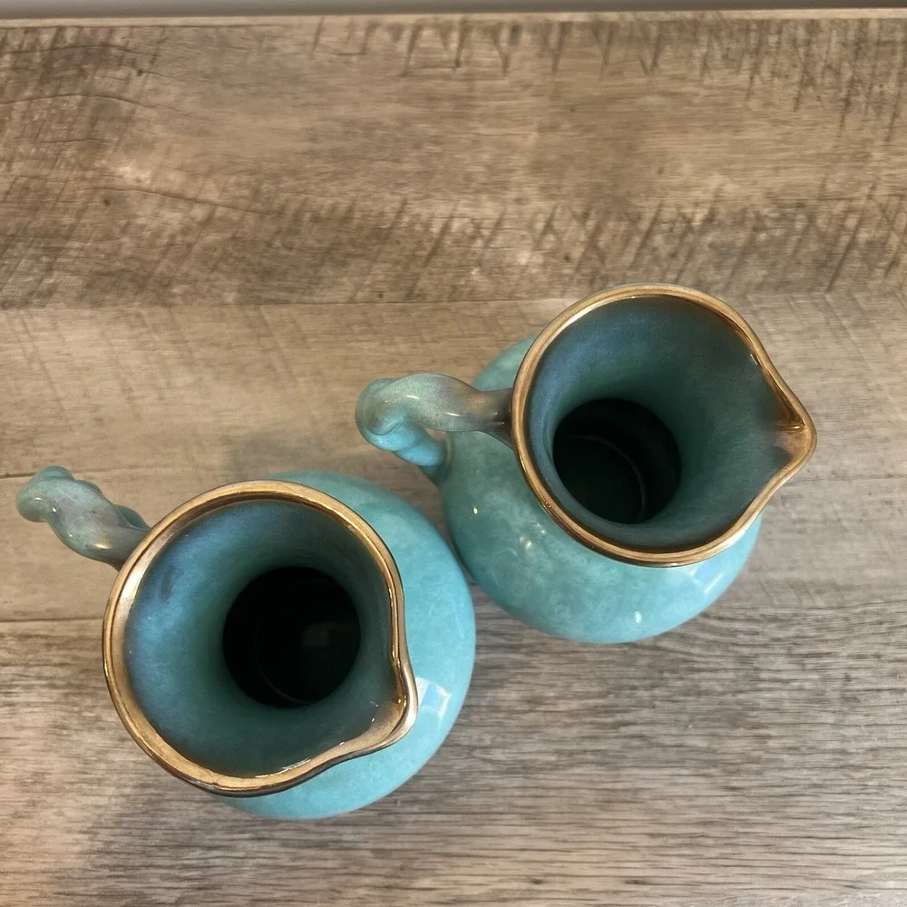 Teal And Gold‎ West Germany Mid-Century Pottery Matching Vases Jugs Vtg WWII